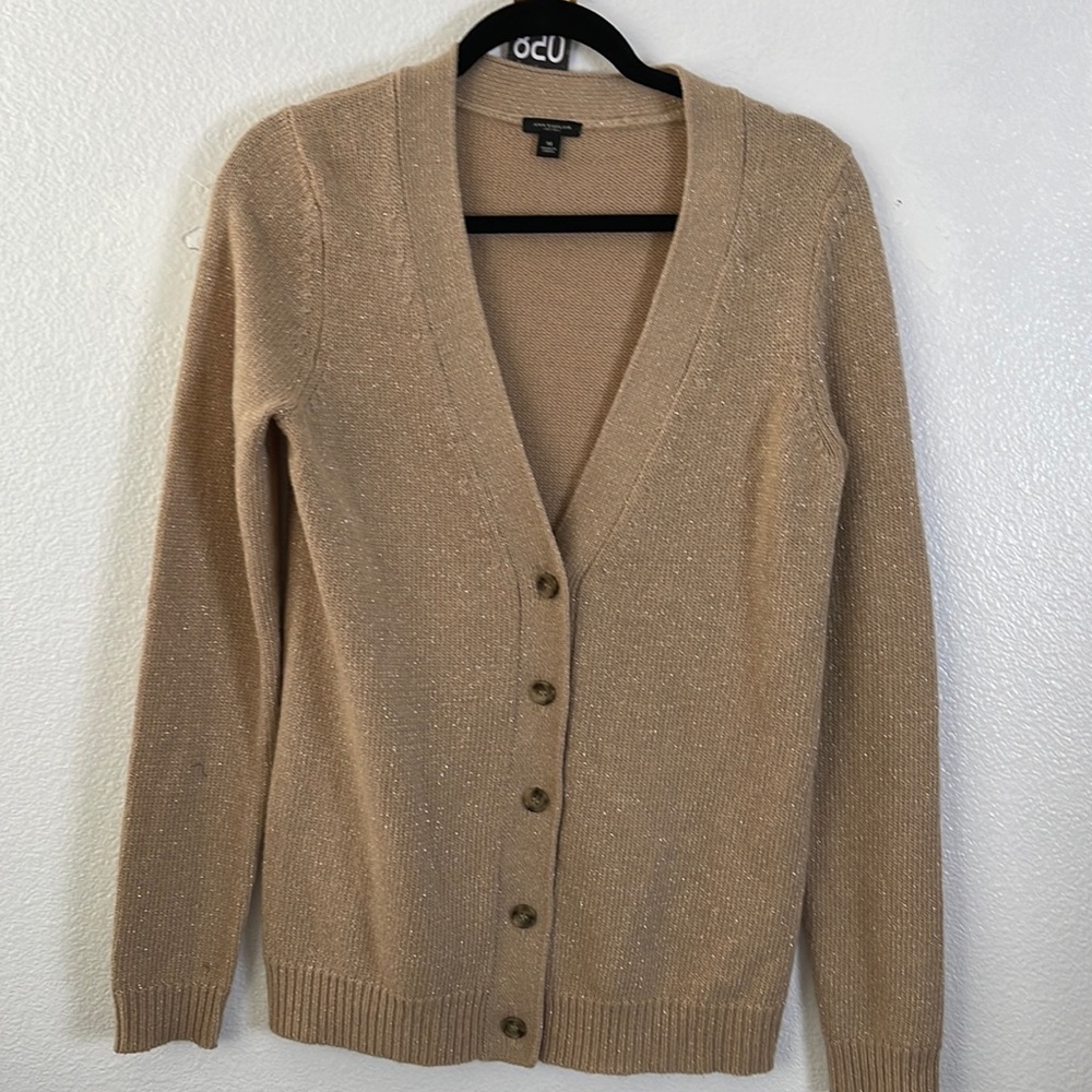Ann Taylor Tan Gold Foil Wool Blend Long Sleeve Cardigan Button Knit Sz M